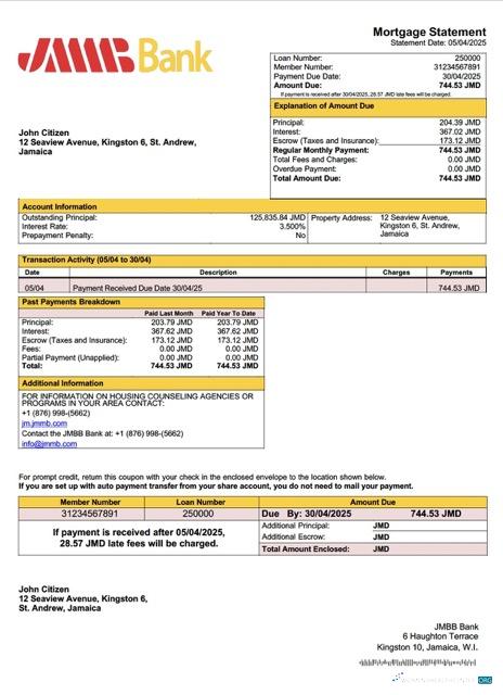 Download Jamaica JMMB Bank Limited mortgage statement Word and PDF template Photoshop template